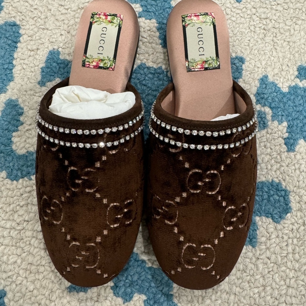 Gucci Brown Quilted Flats with Rhinestone Embellishments